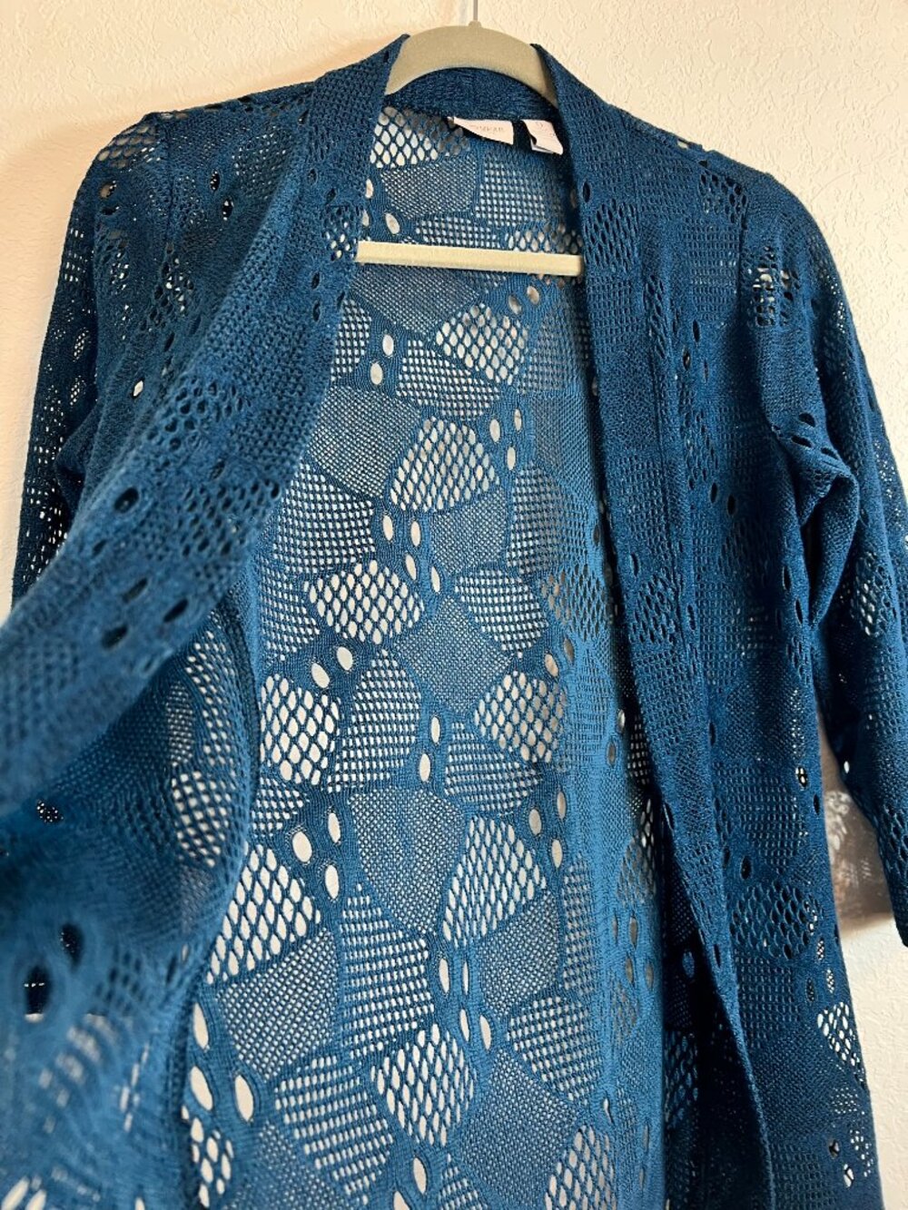 Chico's Easywear Dark Teal Crochet Open Front 3/4 Sleeve Cardigan Cover Up 0/sm